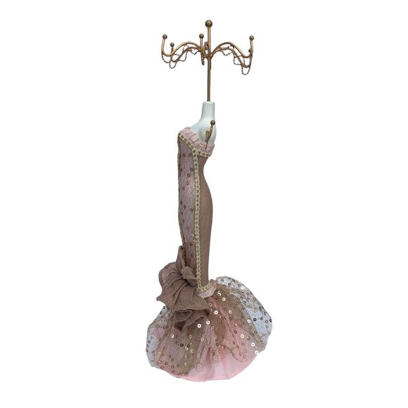 Doll Jewelry Stand Mermaid Trumpet Sequin Sparkly Golden Tan Light Pink Dress - Picture 2 of 11
